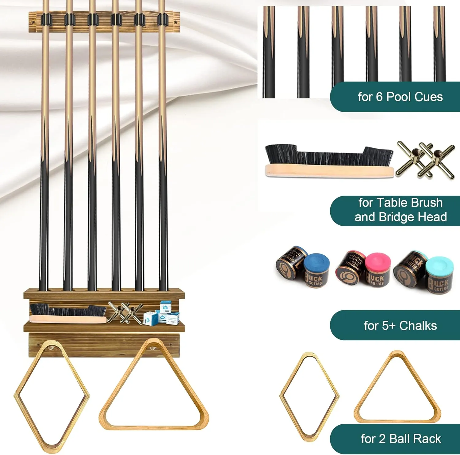 Pool Stick Holder Wall Mount - 6 Cue Rack & Billiards Accessories, Rustic Charcoal-Brown Style