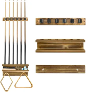 Pool Stick Holder Wall Mount - 6 Cue Rack & Billiards Accessories, Rustic Charcoal-Brown Style