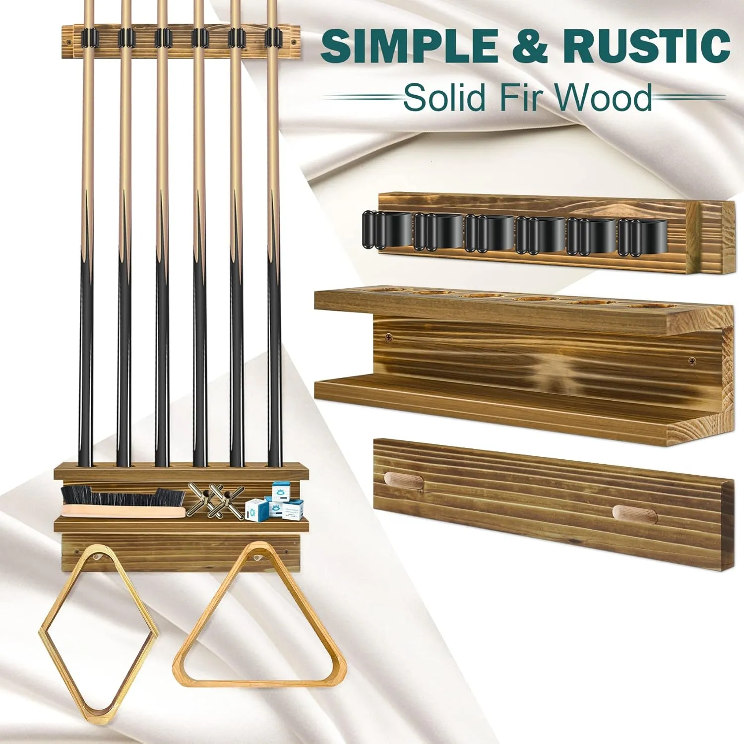 Pool Stick Holder Wall Mount - 6 Cue Rack & Billiards Accessories, Rustic Charcoal-Brown Style