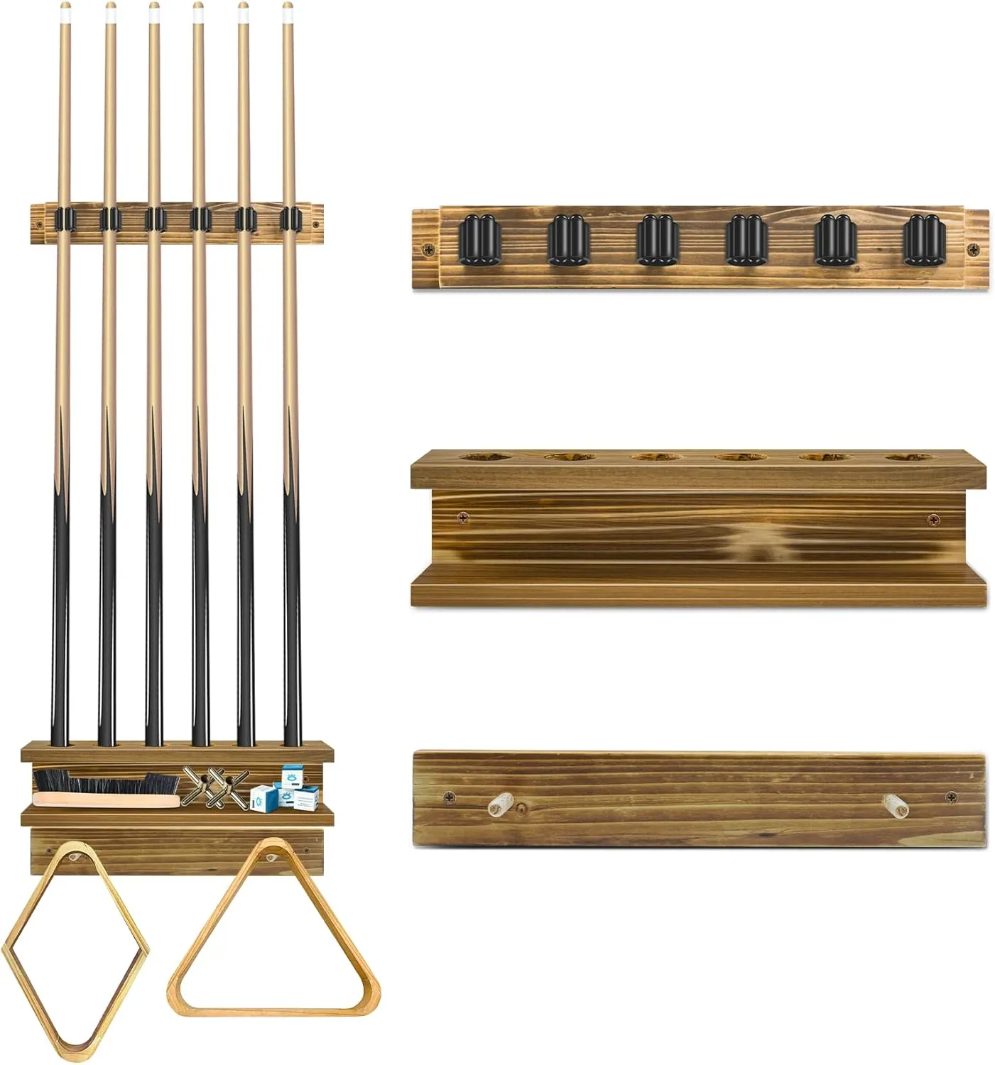 Pool Stick Holder Wall Mount - 6 Cue Rack & Billiards Accessories, Rustic Charcoal-Brown Style
