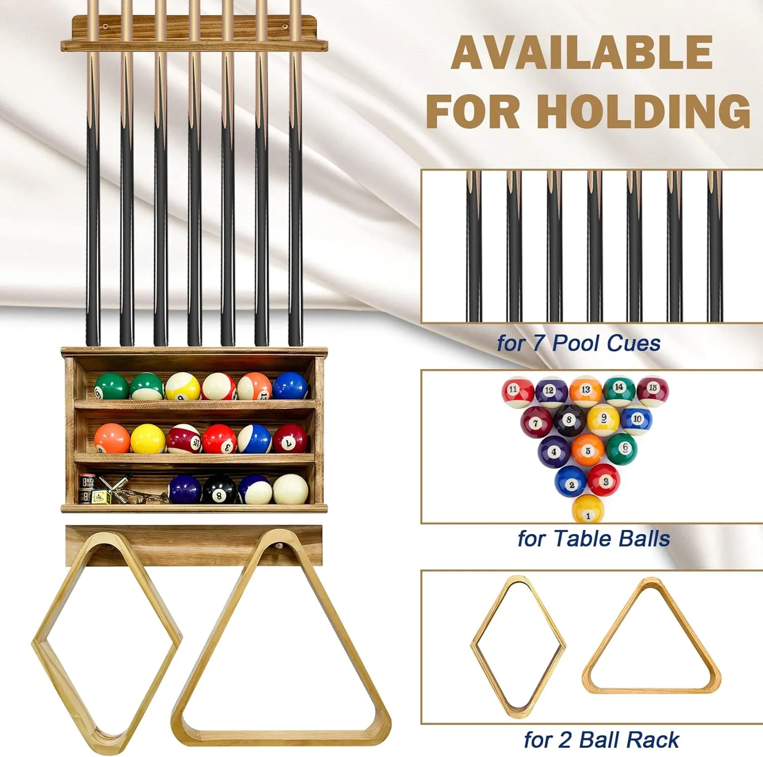 Pool Stick Holder Wall Mount - Billiard Pool Cue Rack Holds for [7 Pool Sticks, 18 Pool Balls, 2 Ball Racks], Solid Wood Cue Stick Holder, Farmhouse Style, Charcoal Brown