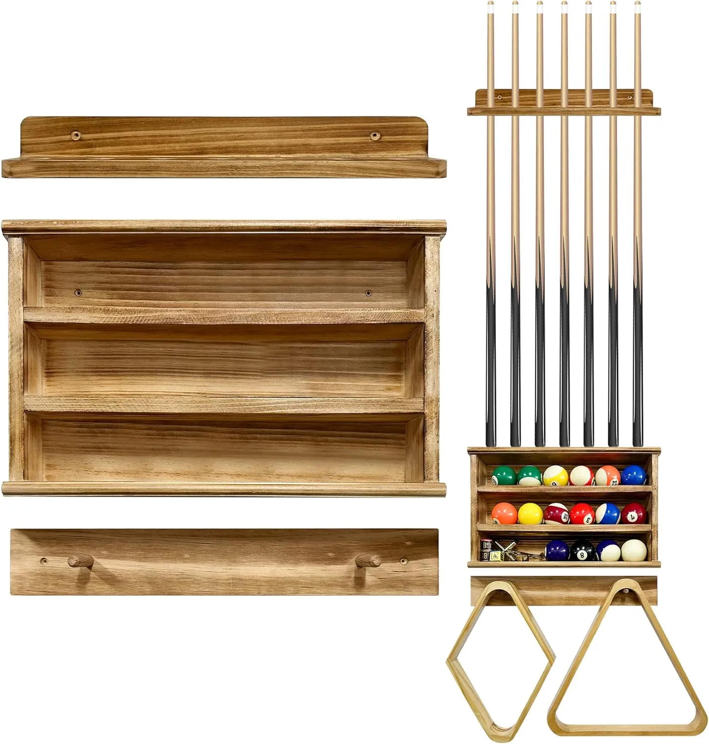 Pool Stick Holder Wall Mount - Billiard Pool Cue Rack Holds for [7 Pool Sticks, 18 Pool Balls, 2 Ball Racks], Solid Wood Cue Stick Holder, Farmhouse Style, Charcoal Brown