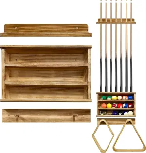 Pool Stick Holder Wall Mount - Billiard Pool Cue Rack Holds for [7 Pool Sticks, 18 Pool Balls, 2 Ball Racks], Solid Wood Cue Stick Holder, Farmhouse Style, Charcoal Brown