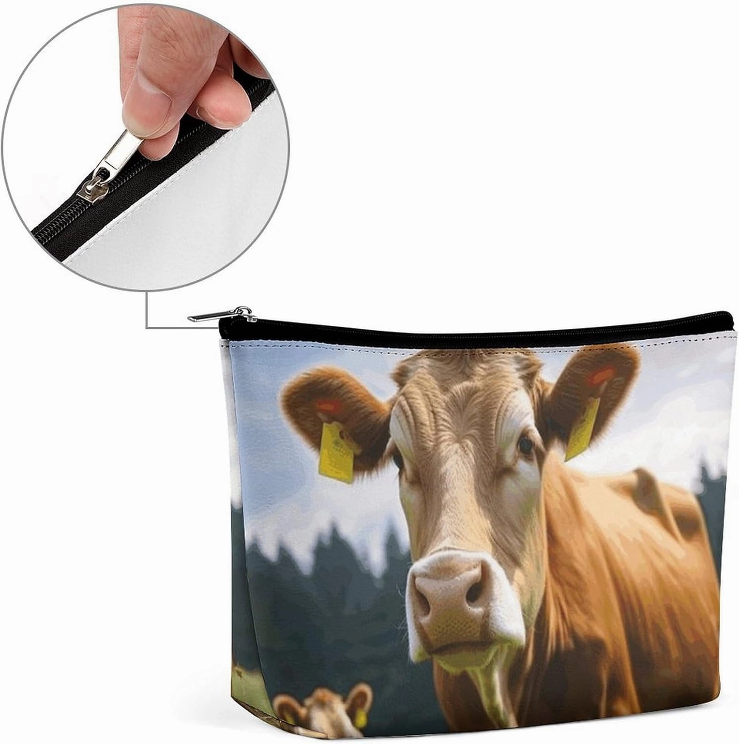 Portable Small Cosmetic Bag Cute Travel Makeup Bag Animal Brown Cow Waterproof Toiletry Bag for Women