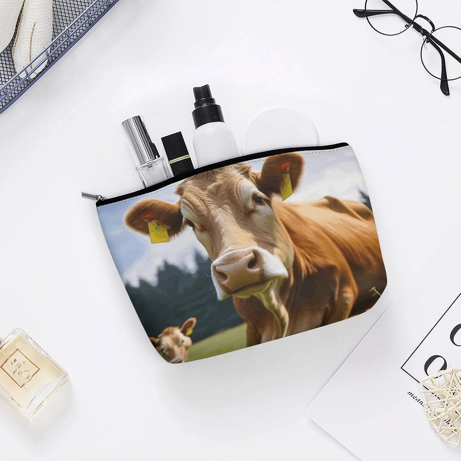 Portable Small Cosmetic Bag Cute Travel Makeup Bag Animal Brown Cow Waterproof Toiletry Bag for Women