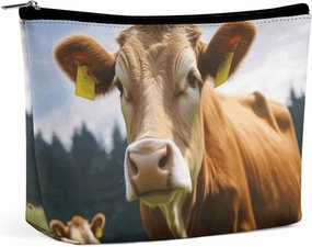 Portable Small Cosmetic Bag Cute Travel Makeup Bag Animal Brown Cow Waterproof Toiletry Bag for Women