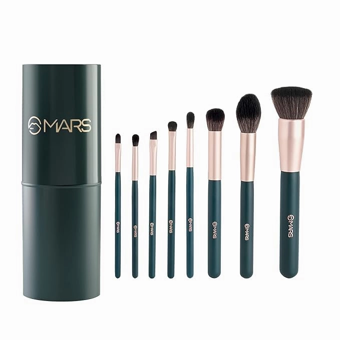 Professional Makeup Brush Set, 8 Piece Collection with Storage Holder, Green and Rose Gold