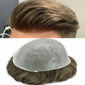 PU Skin Toupee for Men European Human Hair Pieces for Men Hair Replacement System 10x8 Inch 0.06MM Ultra Thin Skin V-Looped Mens Toupee Hair Units (100% Density, 750# Very Light Brown With 50% Gray)