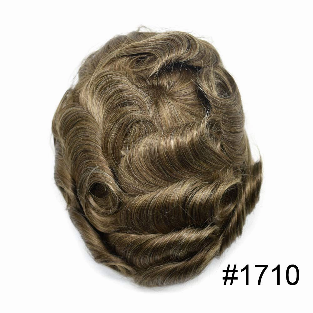 PU Skin Toupee for Men European Human Hair Pieces for Men Hair Replacement System 10x8 Inch 0.06MM Ultra Thin Skin V-Looped Mens Toupee Hair Units (100% Density, 750# Very Light Brown With 50% Gray)