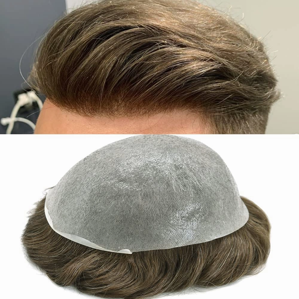PU Skin Toupee for Men European Human Hair Pieces for Men Hair Replacement System 10x8 Inch 0.06MM Ultra Thin Skin V-Looped Mens Toupee Hair Units (100% Density, 750# Very Light Brown With 50% Gray)