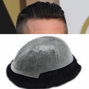 PU Skin Toupee for Men European Human Hair Pieces for Men Hair Replacement System 10x8 Inch 0.06MM Ultra Thin Skin V-Looped Mens Toupee Hair Units (100% Light To Medium Density, 1# Jet Black)