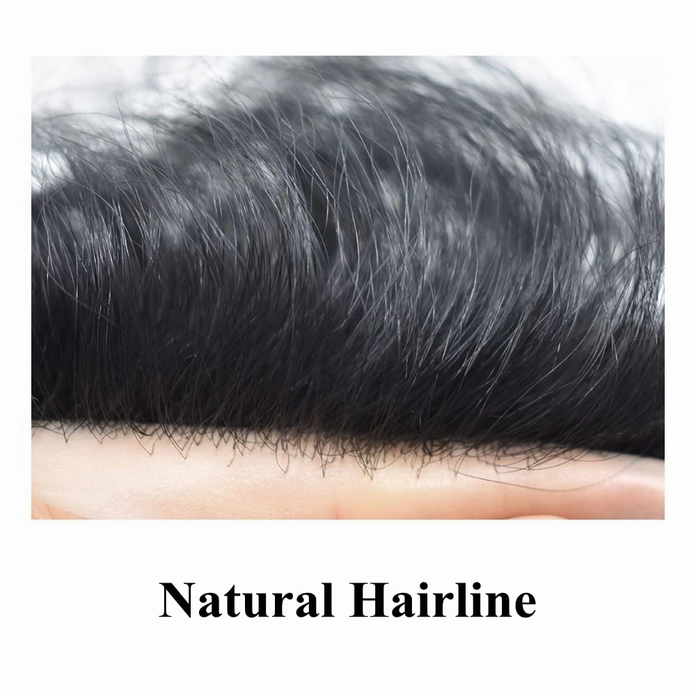 PU Skin Toupee for Men European Human Hair Pieces for Men Hair Replacement System 10x8 Inch 0.06MM Ultra Thin Skin V-Looped Mens Toupee Hair Units (100% Light To Medium Density, 1# Jet Black)