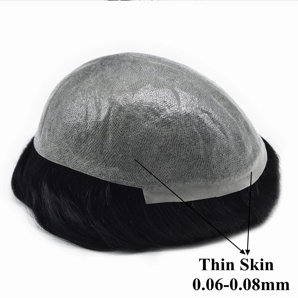 PU Skin Toupee for Men European Human Hair Pieces for Men Hair Replacement System 10x8 Inch 0.06MM Ultra Thin Skin V-Looped Mens Toupee Hair Units (100% Light To Medium Density, 1# Jet Black)
