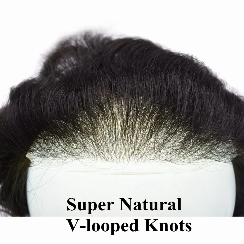 PU Skin Toupee for Men European Human Hair Pieces for Men Hair Replacement System 10x8 Inch 0.06MM Ultra Thin Skin V-Looped Mens Toupee Hair Units (100% Light To Medium Density, 1# Jet Black)