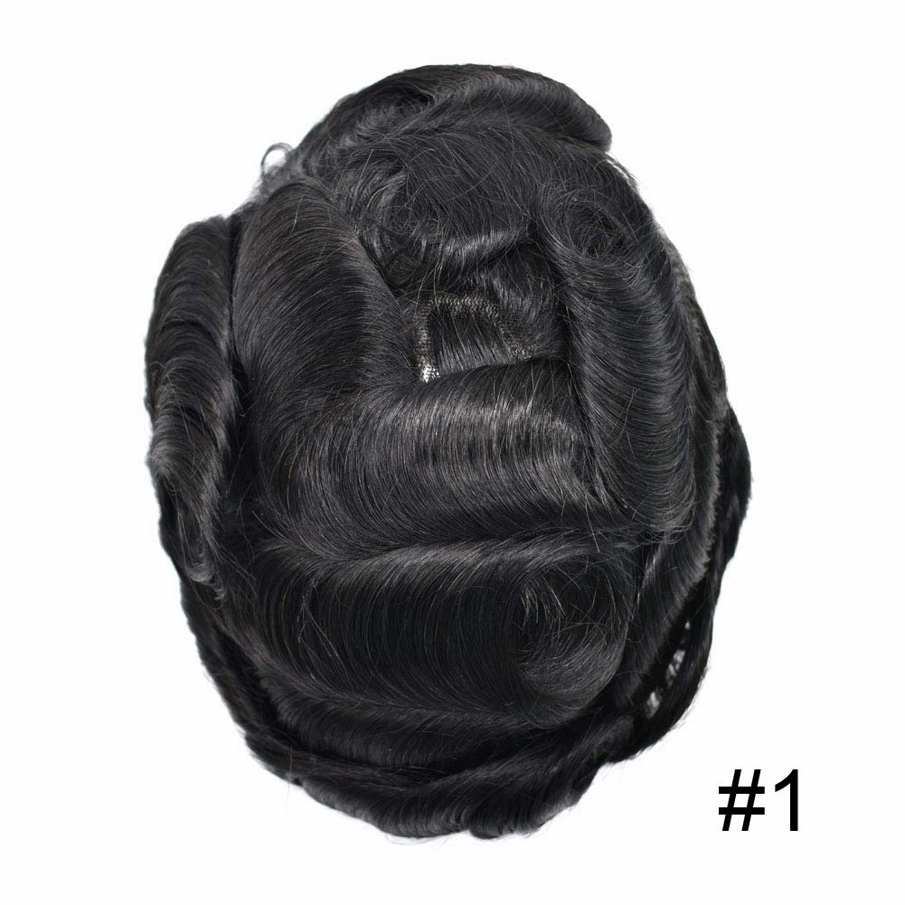 PU Skin Toupee for Men European Human Hair Pieces for Men Hair Replacement System 10x8 Inch 0.06MM Ultra Thin Skin V-Looped Mens Toupee Hair Units (100% Light To Medium Density, 1# Jet Black)
