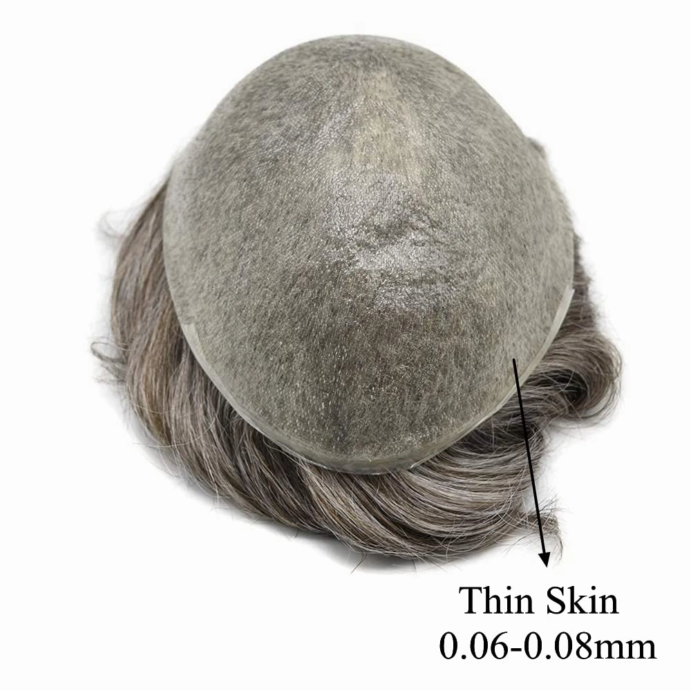 PU Skin Toupee for Men European Human Hair Pieces for Men Hair Replacement System 10x8 Inch 0.06MM Ultra Thin Skin V-Looped Mens Toupee Hair Units (100% Light To Medium Density, 1B50# Natural Black With 50% Gray)