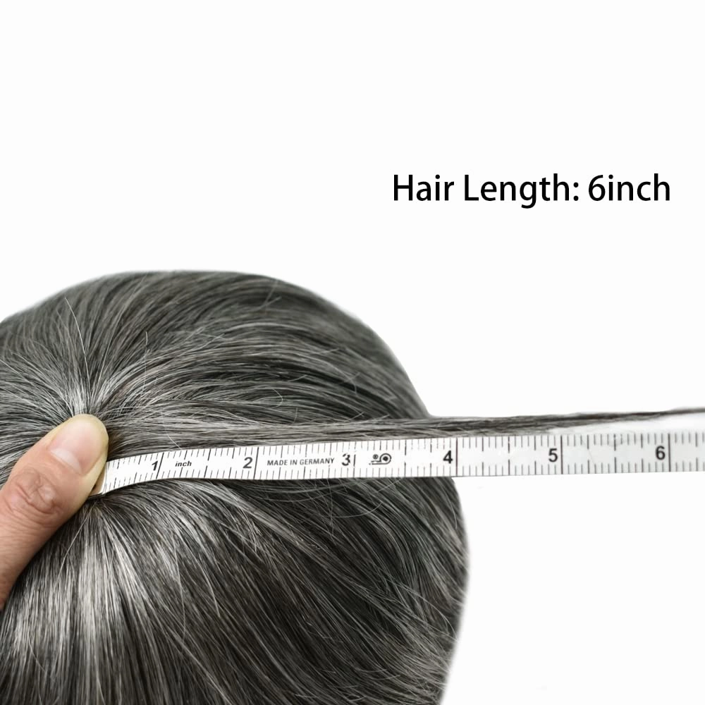 PU Skin Toupee for Men European Human Hair Pieces for Men Hair Replacement System 10x8 Inch 0.06MM Ultra Thin Skin V-Looped Mens Toupee Hair Units (100% Light To Medium Density, 1B50# Natural Black With 50% Gray)