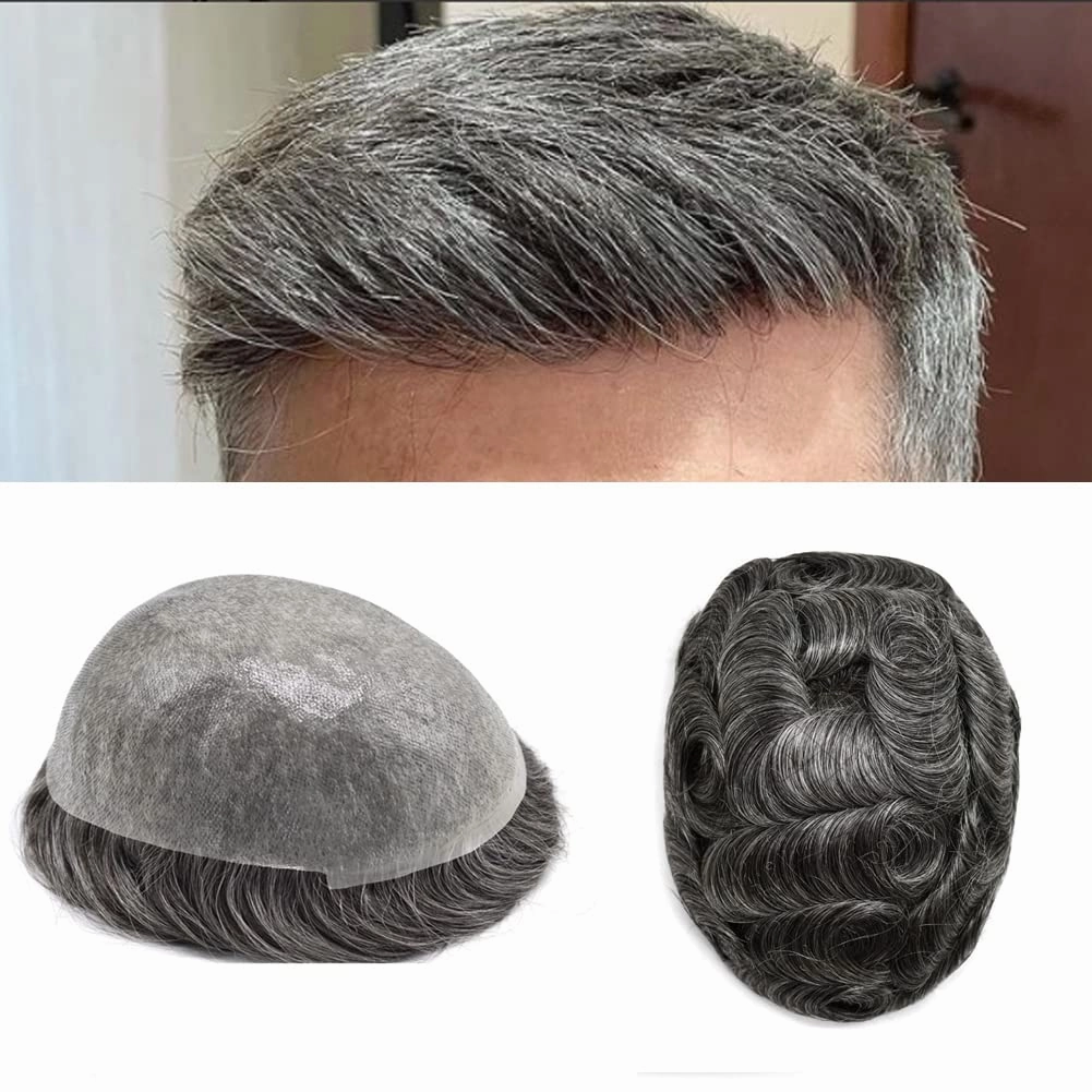 PU Skin Toupee for Men European Human Hair Pieces for Men Hair Replacement System 10x8 Inch 0.06MM Ultra Thin Skin V-Looped Mens Toupee Hair Units (100% Light To Medium Density, 1B50# Natural Black With 50% Gray)