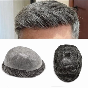 PU Skin Toupee for Men European Human Hair Pieces for Men Hair Replacement System 10x8 Inch 0.06MM Ultra Thin Skin V-Looped Mens Toupee Hair Units (100% Light To Medium Density, 1B50# Natural Black With 50% Gray)