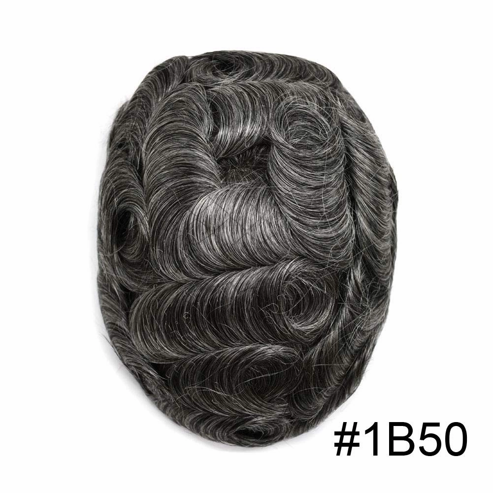 PU Skin Toupee for Men European Human Hair Pieces for Men Hair Replacement System 10x8 Inch 0.06MM Ultra Thin Skin V-Looped Mens Toupee Hair Units (100% Light To Medium Density, 1B50# Natural Black With 50% Gray)