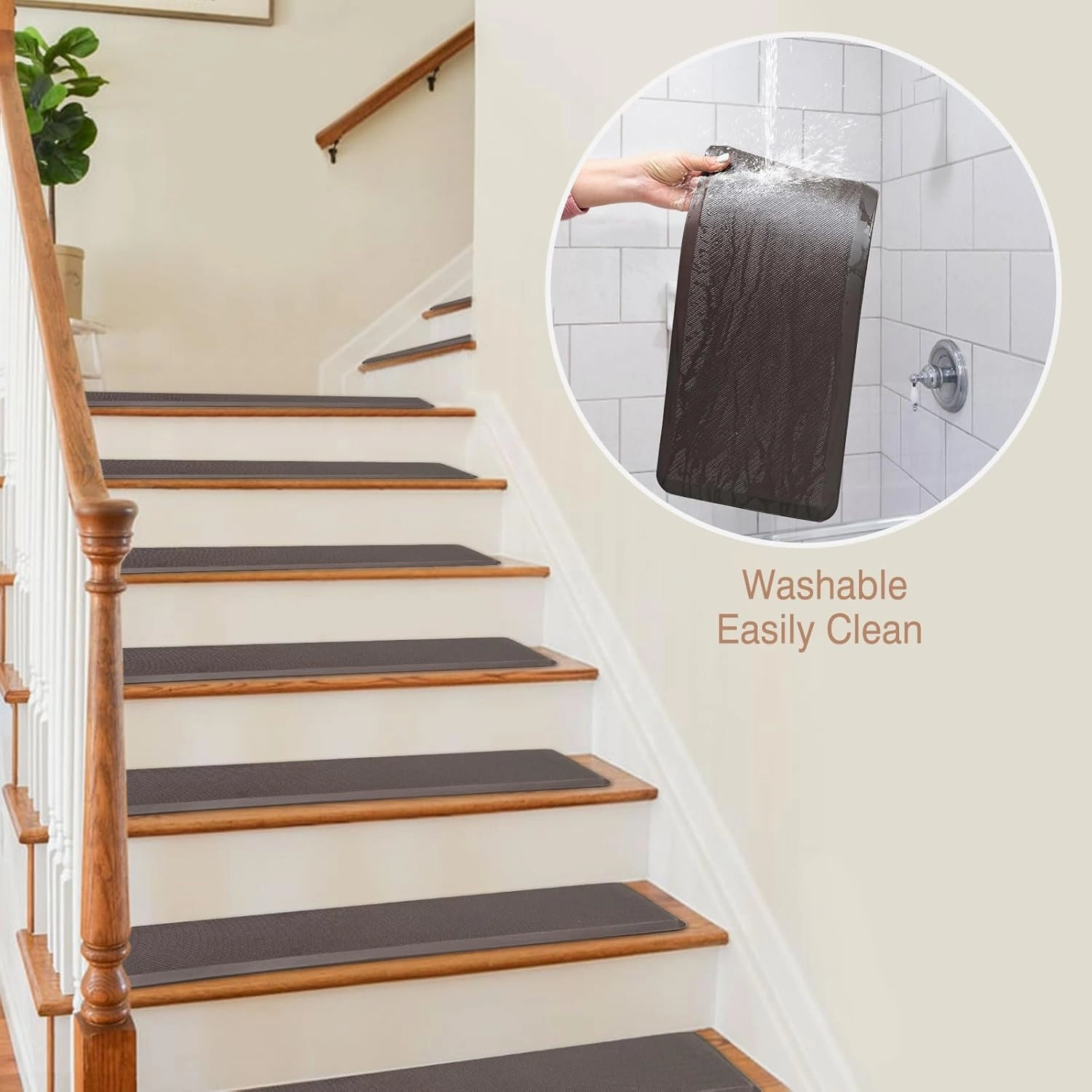 PURE ERA Non-Slip Stair Treads, Washable Stair Mat, 8" x 30" Staircase Step Treads Foam Stair Pads, Tape Free Durable Stair Treads for Wooden Steps, Easy to Clean (12Pieces, Brown)