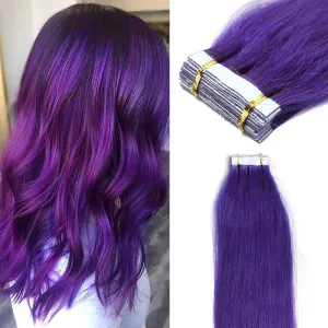 Purple Hair Extensions Tape in Human Hair 24 Inch Skin Wefts Adhesive Tape-on Remy Hair Extensions Lila Invisible Seamless Tape-ins Brazilian Hair Purple For Women 20Pcs 70g