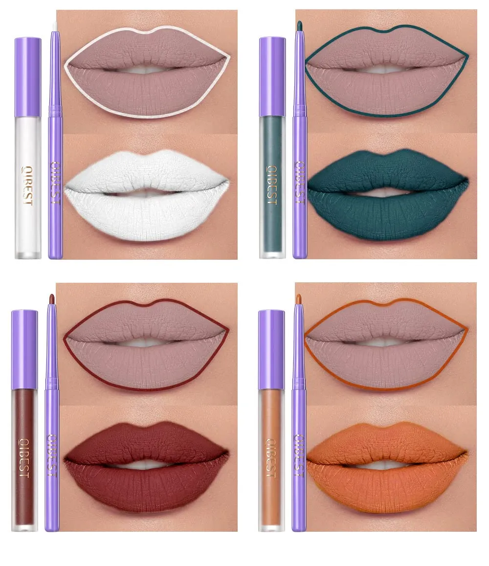 QiBest new non-stick cup non-fading multi-color lip gloss gift set retouching moisturizing non-sticky nude lipstick liner matte liquid long-lasting color lipstick high-efficiency high-gloss (green)