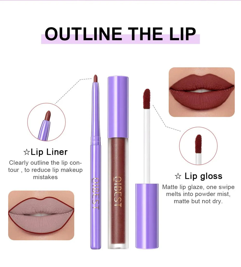 QiBest new non-stick cup non-fading multi-color lip gloss gift set retouching moisturizing non-sticky nude lipstick liner matte liquid long-lasting color lipstick high-efficiency high-gloss (green)