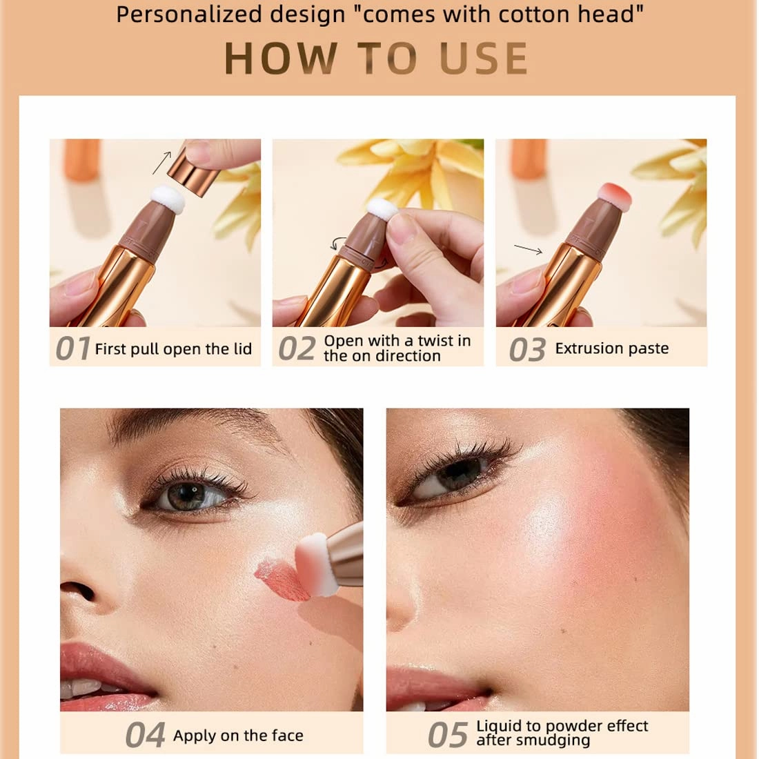 QIBEST multifunctional makeup powder blusher pen highlights naturally brightens facial contour Pearl liquid can be mixed with matte durable waterproof women's professional palette (A)