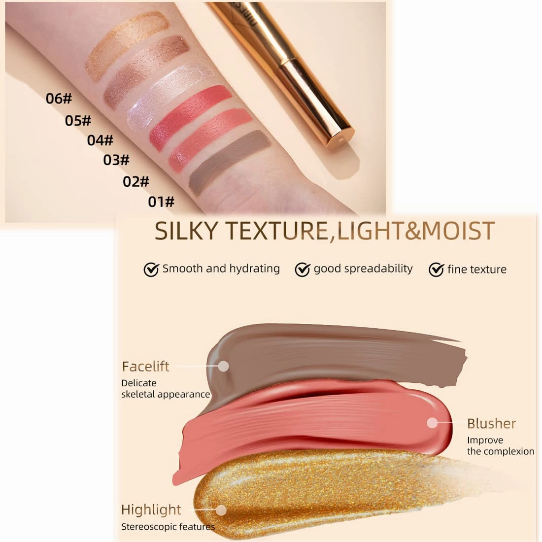 QIBEST multifunctional makeup powder blusher pen highlights naturally brightens facial contour Pearl liquid can be mixed with matte durable waterproof women's professional palette (A)