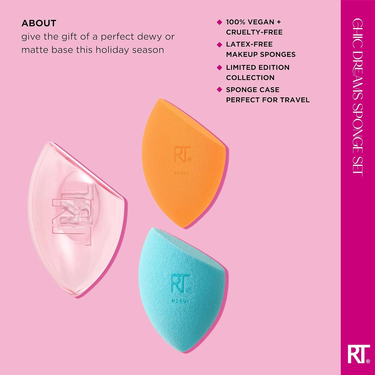 Real Techniques Limited Edition Chic Dreams Sponge Kit, Makeup Blending Sponges For Matte Or Dewy Skin, Foundation Sponges & Travel Case, Buildable Coverage, Latex-Free, 3 Piece Gift Set