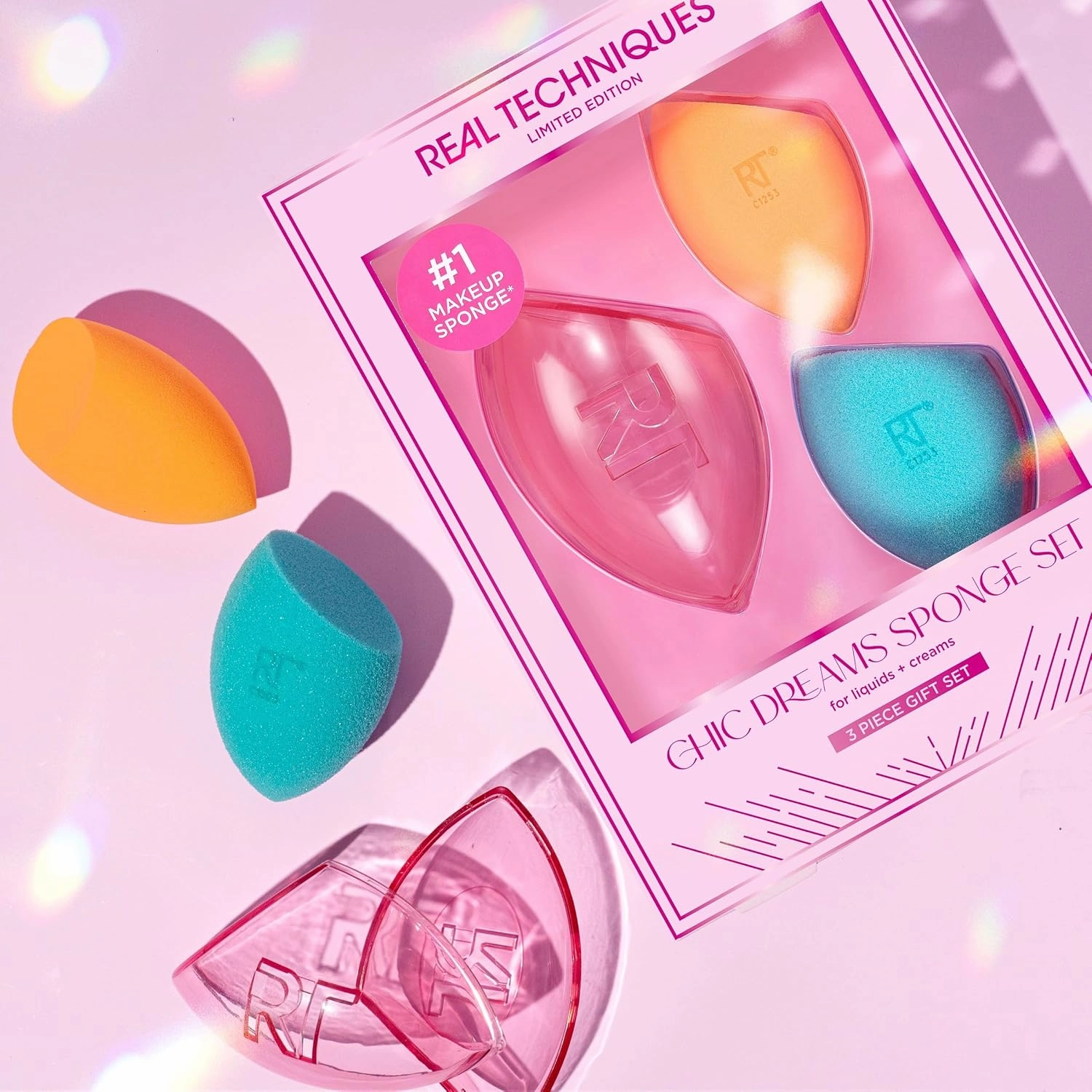 Real Techniques Limited Edition Chic Dreams Sponge Kit, Makeup Blending Sponges For Matte Or Dewy Skin, Foundation Sponges & Travel Case, Buildable Coverage, Latex-Free, 3 Piece Gift Set