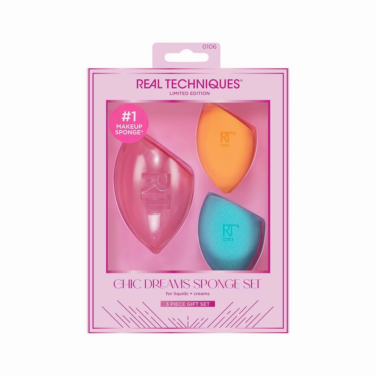 Real Techniques Limited Edition Chic Dreams Sponge Kit, Makeup Blending Sponges For Matte Or Dewy Skin, Foundation Sponges & Travel Case, Buildable Coverage, Latex-Free, 3 Piece Gift Set