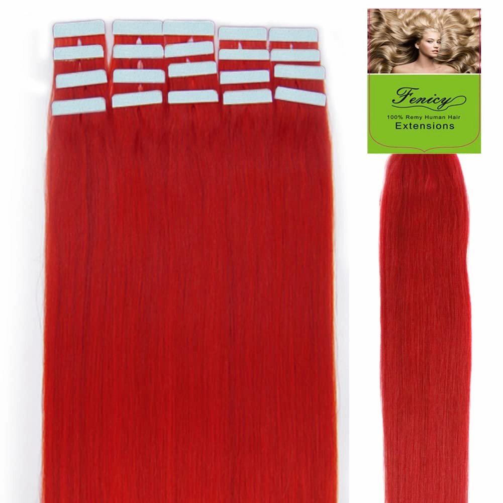 Red Hair Extensions Tape in Human Hair 24 Inch Skin Wefts Tape-on Remy Hair Extensions Bright Red Invisible Seamless Tape-ins Brazilian Hair Extensions Thick For Women 20Pcs 70g
