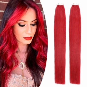 Red Hair Extensions Tape in Human Hair 24 Inch Skin Wefts Tape-on Remy Hair Extensions Bright Red Invisible Seamless Tape-ins Brazilian Hair Extensions Thick For Women 20Pcs 70g