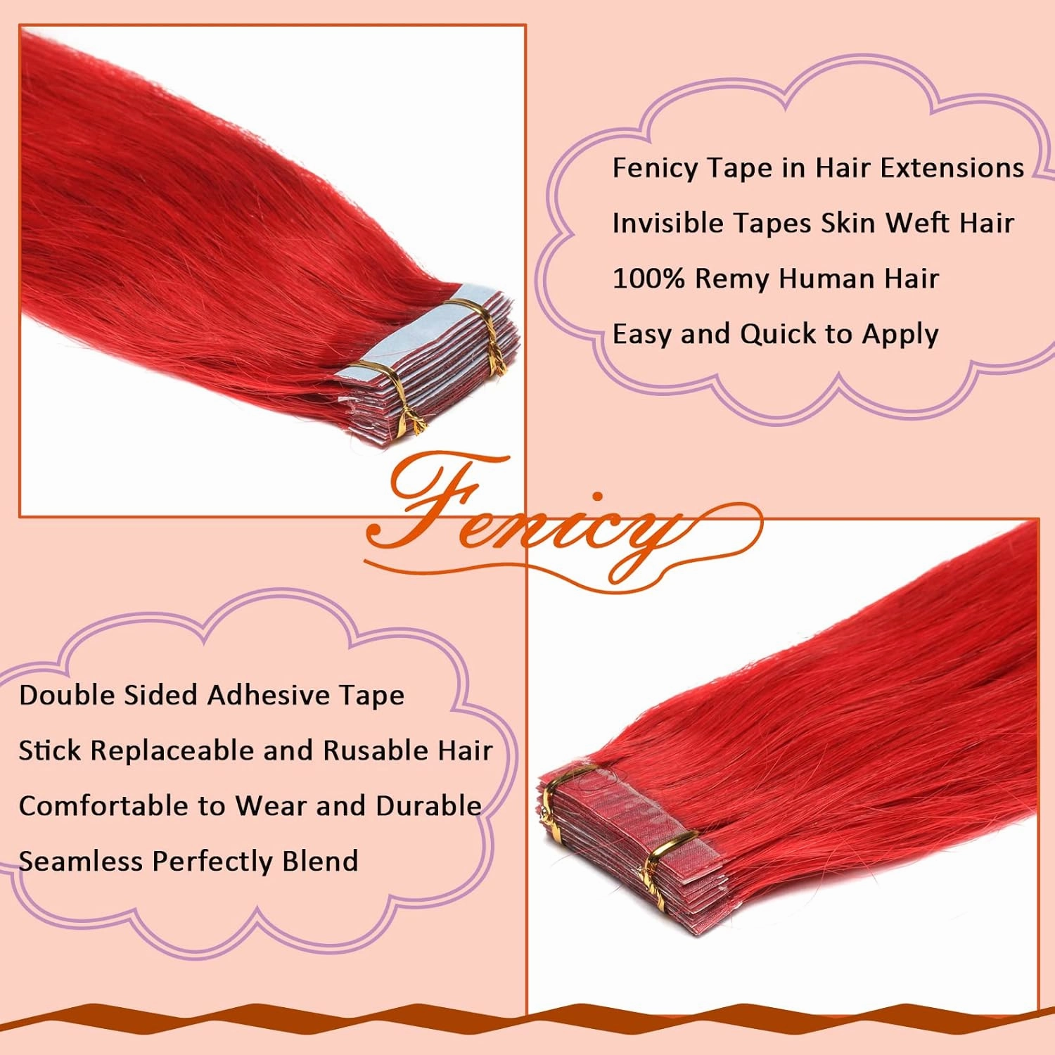 Red Hair Extensions Tape in Human Hair 24 Inch Skin Wefts Tape-on Remy Hair Extensions Bright Red Invisible Seamless Tape-ins Brazilian Hair Extensions Thick For Women 20Pcs 70g