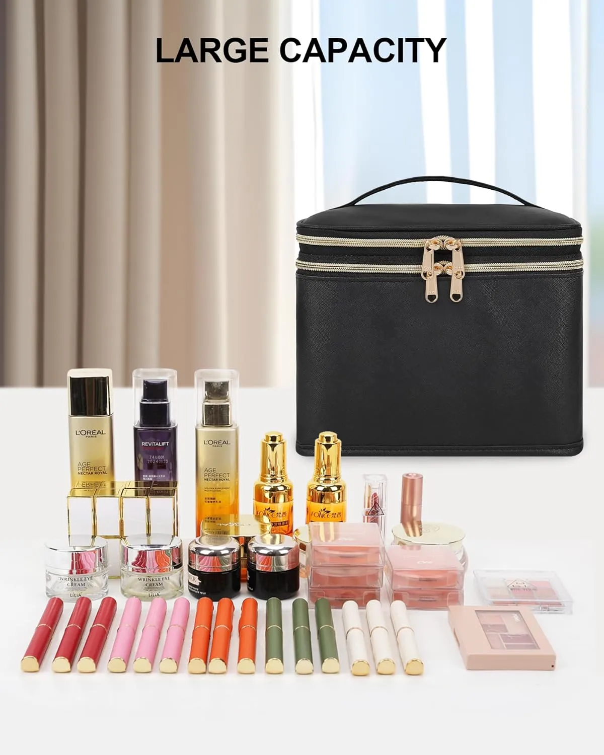 Relavel Foldable Makeup Bag, Large Travel Makeup Bag with Compartments, Portable Cosmetic Bag Organizer for Women, Roomy Make Up Bag with Dividers for Toiletries Cosmetics