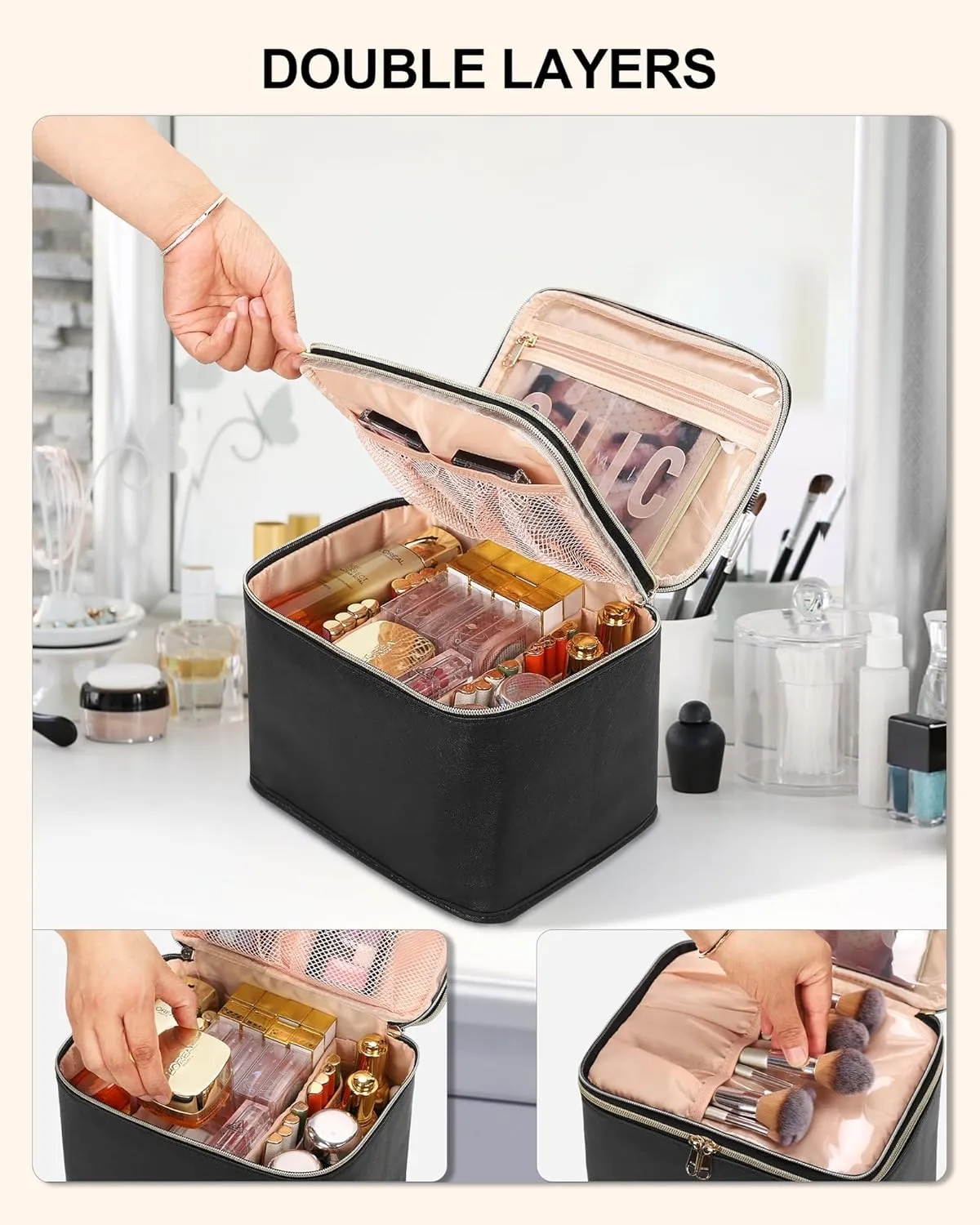 Relavel Foldable Makeup Bag, Large Travel Makeup Bag with Compartments, Portable Cosmetic Bag Organizer for Women, Roomy Make Up Bag with Dividers for Toiletries Cosmetics