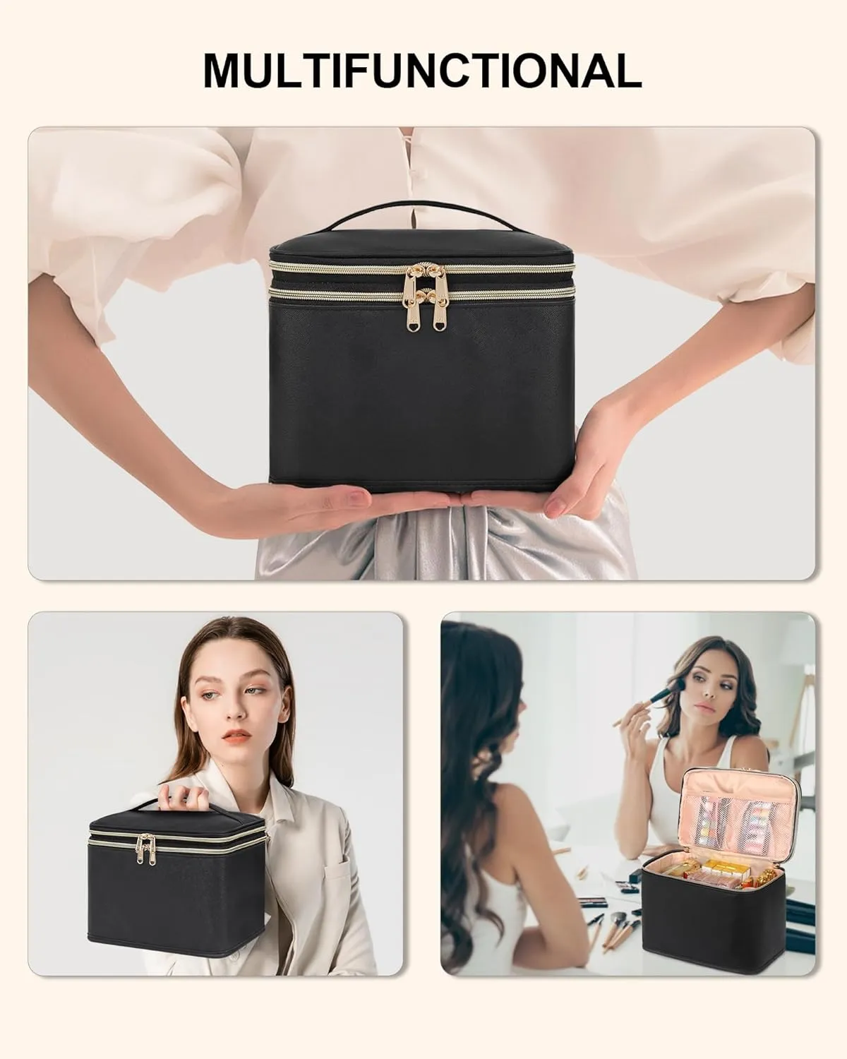 Relavel Foldable Makeup Bag, Large Travel Makeup Bag with Compartments, Portable Cosmetic Bag Organizer for Women, Roomy Make Up Bag with Dividers for Toiletries Cosmetics
