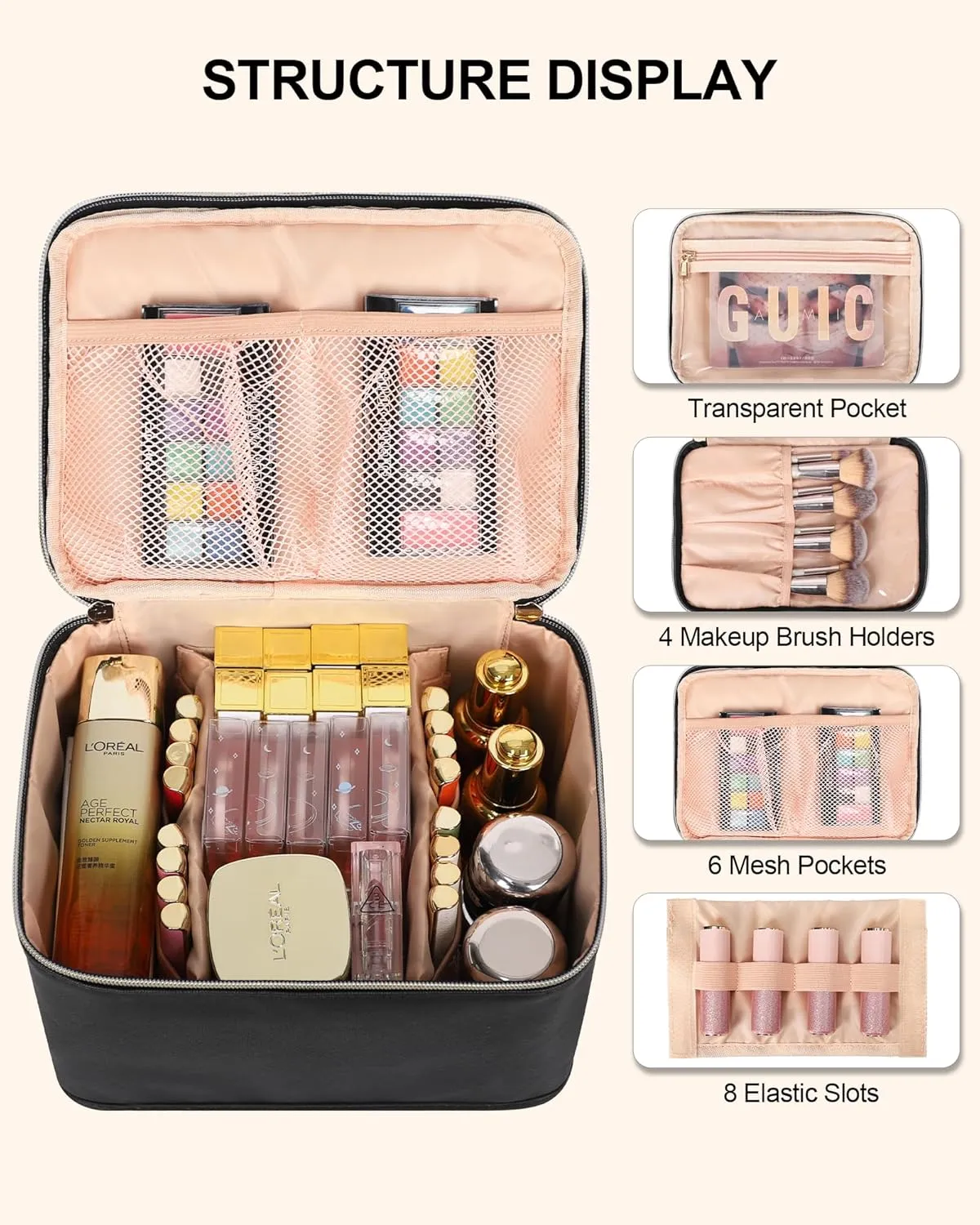 Relavel Foldable Makeup Bag, Large Travel Makeup Bag with Compartments, Portable Cosmetic Bag Organizer for Women, Roomy Make Up Bag with Dividers for Toiletries Cosmetics