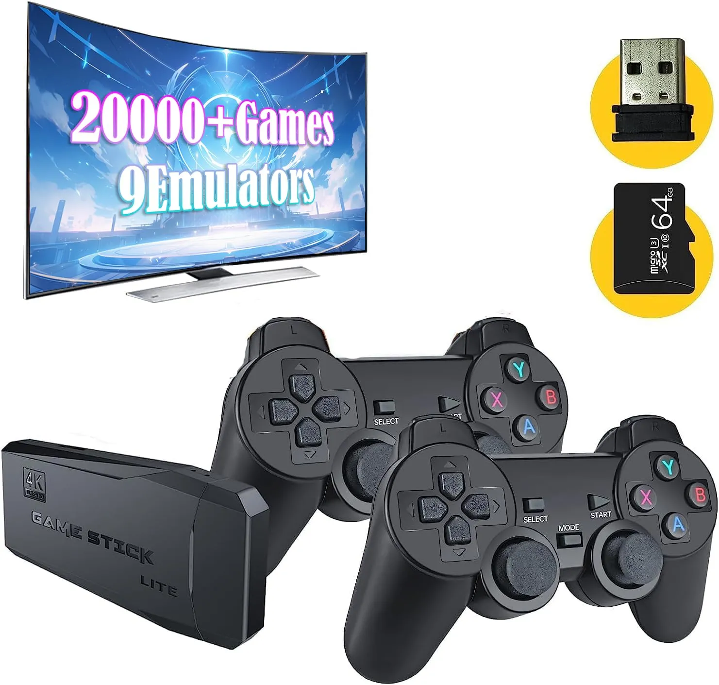 Retro Game Console Stick,20,000  Nostalgia Gaming Stick, 9 Emulators, 4K HD HDMI TV Game Stick, Includes 2 Wireless 2.4GHz Controllers,Plug & Play Video Games for TV(64GB)A escolha: 3