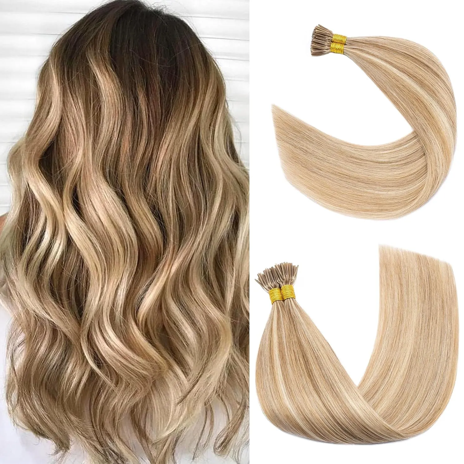Rich Choices I Tip Hair Extensions Human Hair,100 Strands 0.5g/Strands,100% Real Remy Human Hair Extension Pre Bonded Keratin Stick In 20 Inch #12P613 Golden Brown Highlight Bleach Blonde