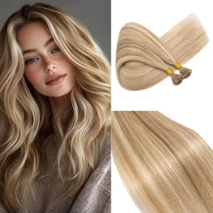 Rich Choices I Tip Hair Extensions Human Hair,100 Strands 0.5g/Strands,100% Real Remy Human Hair Extension Pre Bonded Keratin Stick In 20 Inch #12P613 Golden Brown Highlight Bleach Blonde