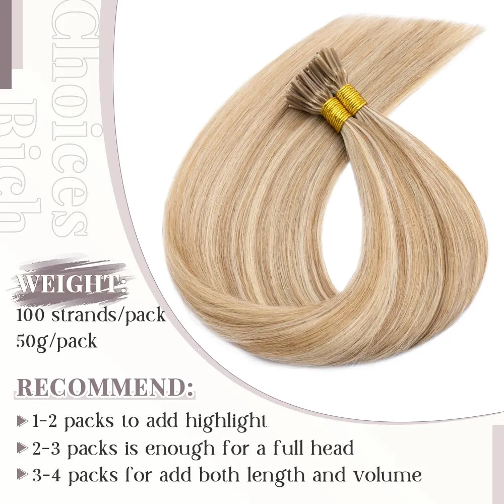 Rich Choices I Tip Hair Extensions Human Hair,100 Strands 0.5g/Strands,100% Real Remy Human Hair Extension Pre Bonded Keratin Stick In 20 Inch #12P613 Golden Brown Highlight Bleach Blonde