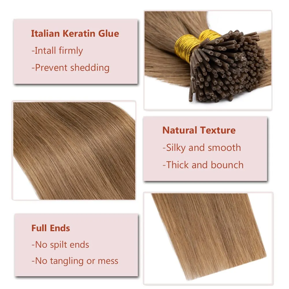 Rich Choices I Tip Hair Extensions Human Hair,100 Strands 0.5g/Strands,100% Real Remy Human Hair Extension Pre Bonded Keratin Stick In Hair Extensions Hair Piece For Women 20 Inch #12 Golden Brown