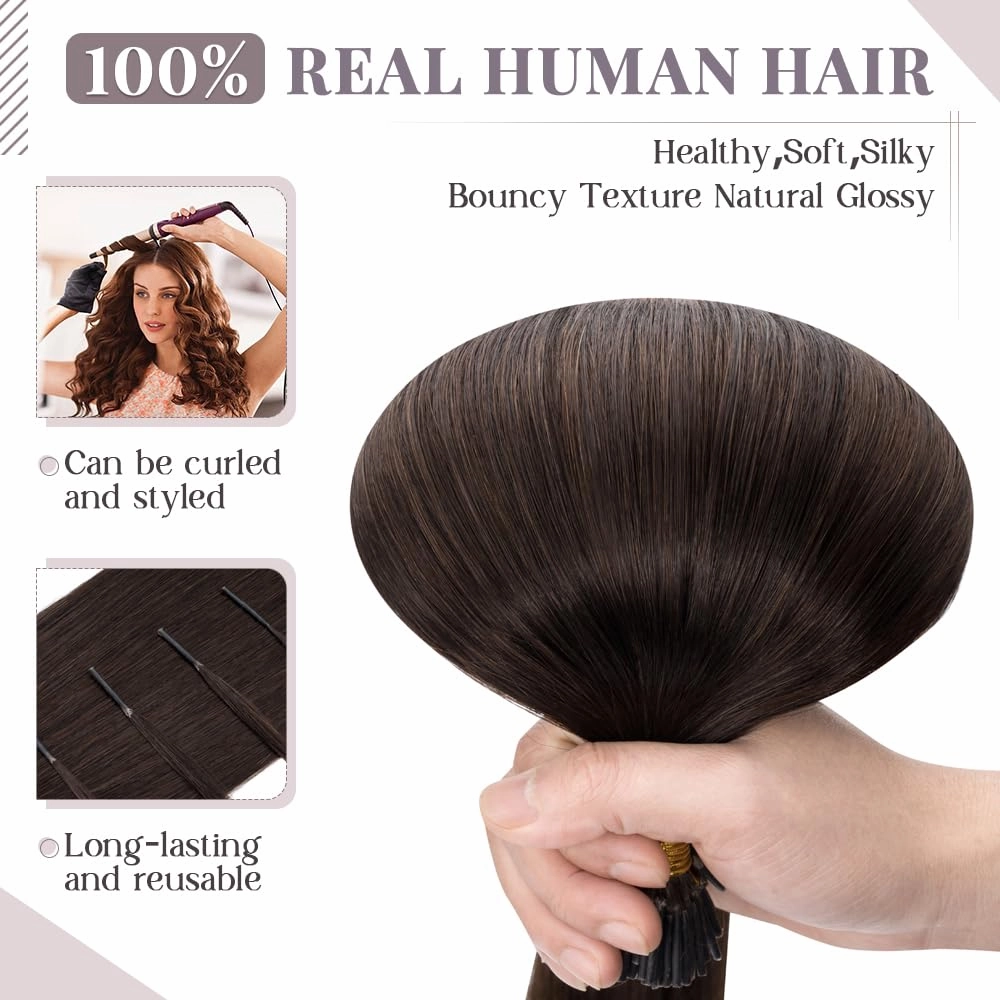 Rich Choices I Tip Hair Extensions Human Hair,100 Strands 0.5g/Strands,100% Real Remy Human Hair Extension Pre Bonded Keratin Stick In Hair Extensions Hair Piece For Women 20 Inch #2 Dark Brown