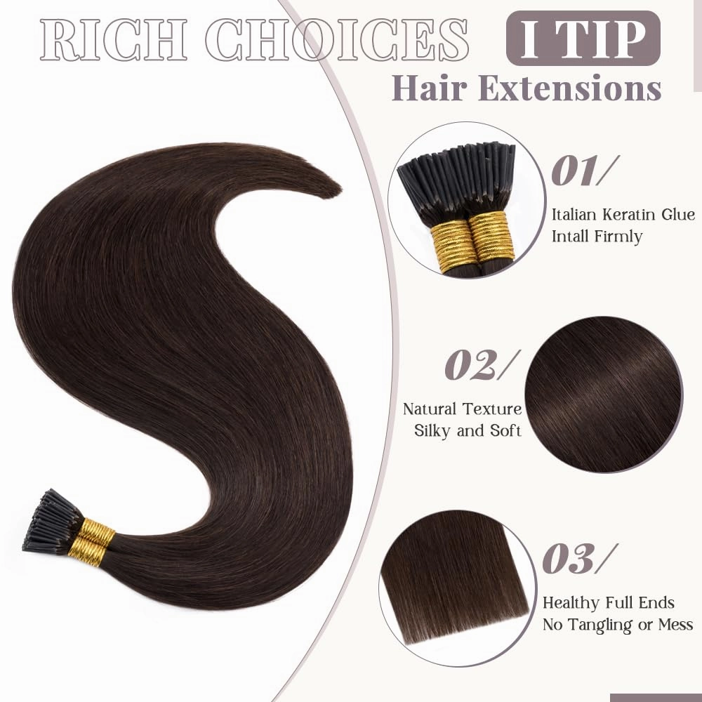 Rich Choices I Tip Hair Extensions Human Hair,100 Strands 0.5g/Strands,100% Real Remy Human Hair Extension Pre Bonded Keratin Stick In Hair Extensions Hair Piece For Women 20 Inch #2 Dark Brown