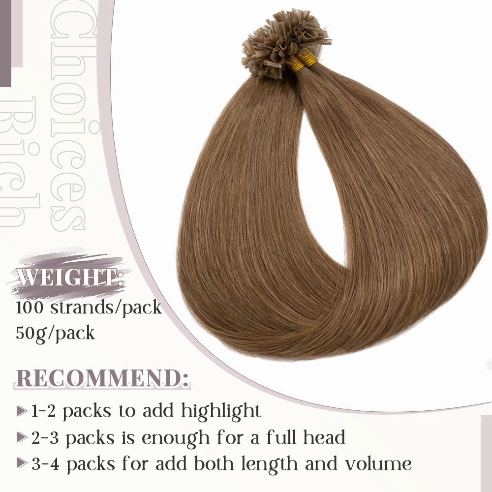 Rich Choices U Tip Hair Extensions Human Hair, 100 Strands 0.5g/Strand K Tip Real Remy, 16 Inch #6 Light Brown