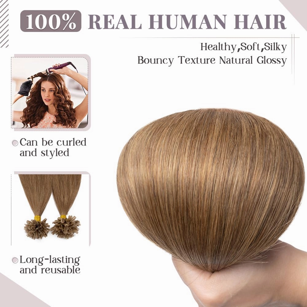 Rich Choices U Tip Hair Extensions Human Hair, 100 Strands 0.5g/Strand K Tip Real Remy, 16 Inch #6 Light Brown