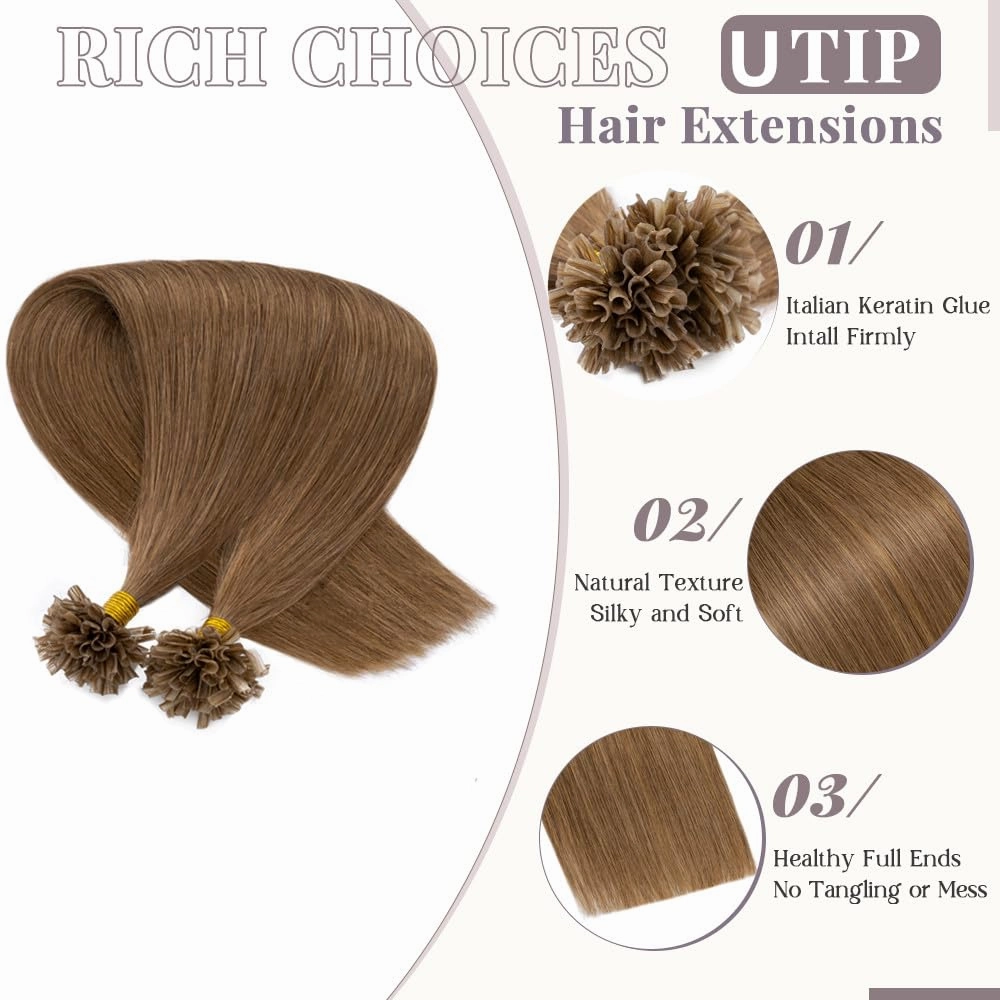 Rich Choices U Tip Hair Extensions Human Hair, 100 Strands 0.5g/Strand K Tip Real Remy, 16 Inch #6 Light Brown